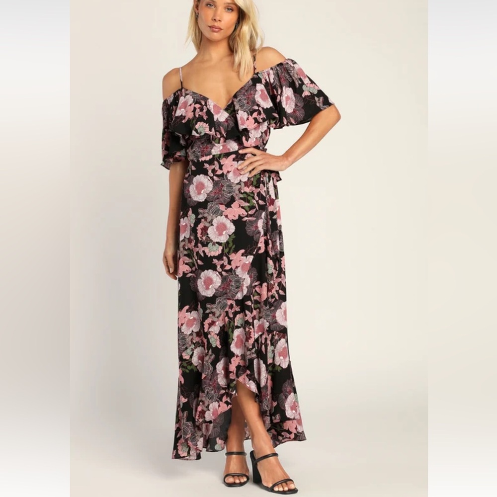 Fully Bloomed Black Floral Off-the-Shoulder Maxi Wrap Dress